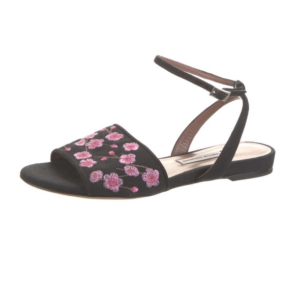 Tabitha Simmons Canvas Floral Cherry Blossom Embroidered Sandals Black Pink 6 - Picture 1 of 5